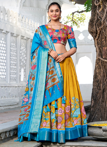 Traditional Dola Silk Kalamkari Printed Yellow Lehenga Choli For Women